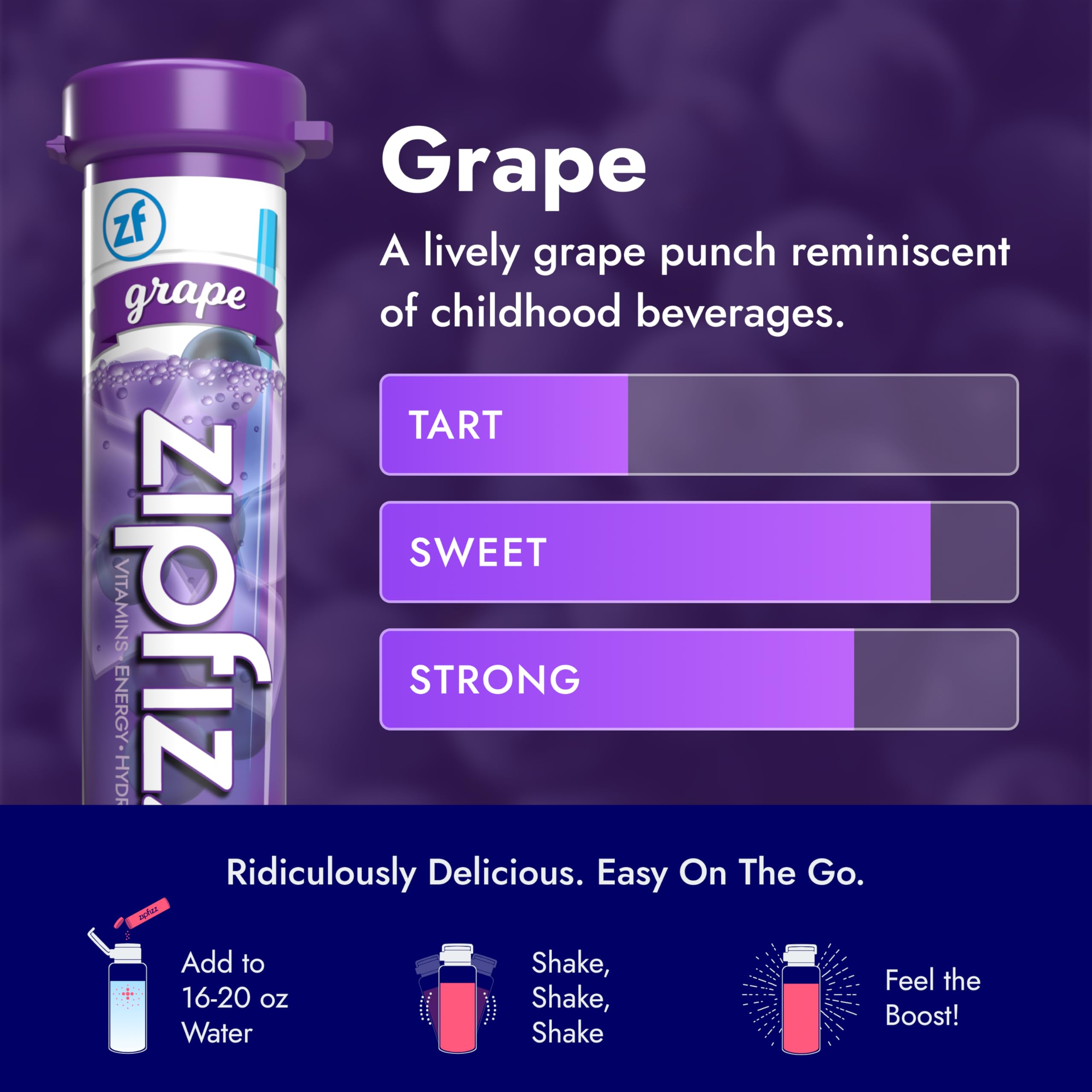 Zipfizz daily energy grape closeup shows juicy flavor and natural ingredients