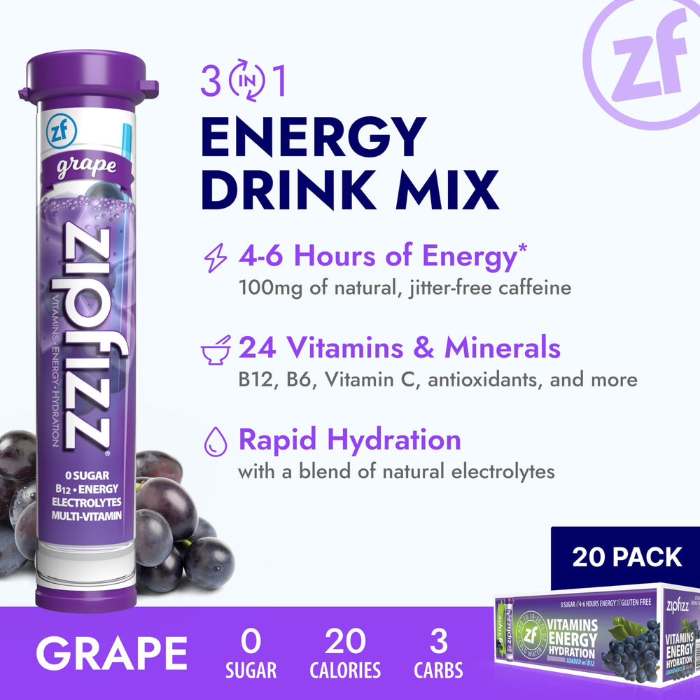 Zipfizz daily energy grape pour into water for rapid hydration and a subtle caffeine lift