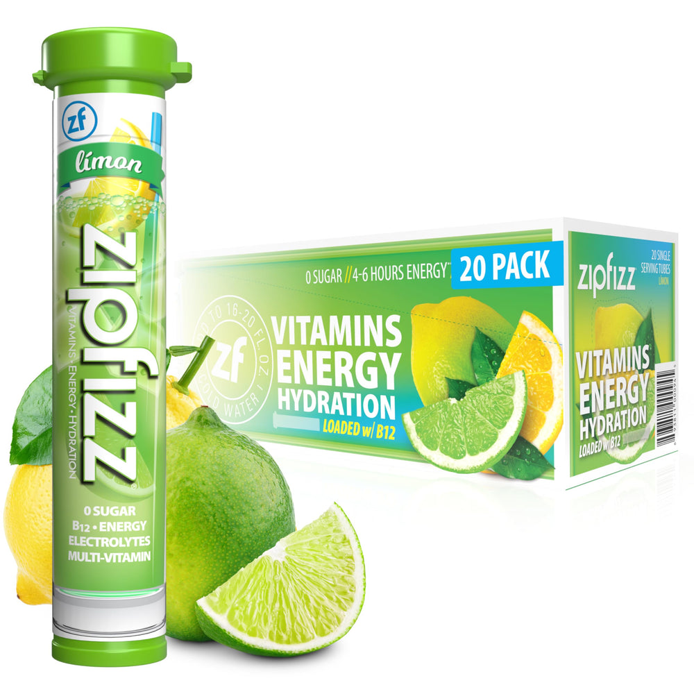 Zipfizz daily energy powder limon tub close-up showing vitamin and electrolyte formula for hydration