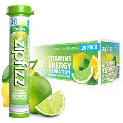 Zipfizz daily energy powder limon tub close-up showing vitamin and electrolyte formula for hydration