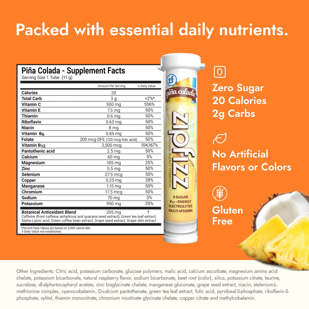 Zipfizz dissolving pina colada in water for refreshing hydration.