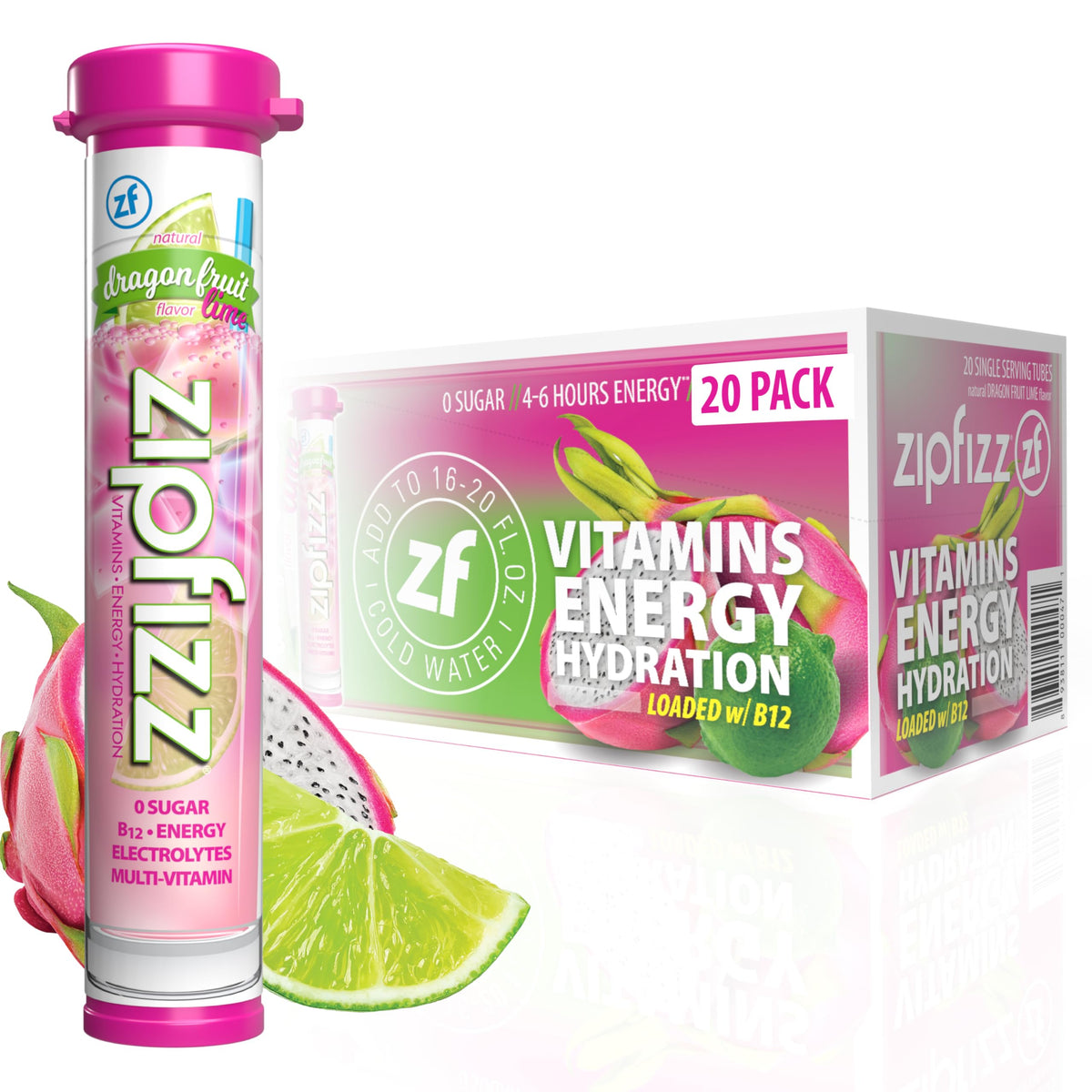 Zipfizz Dragon Fruit Lime packet ready to mix for a sugar-free energy boost.