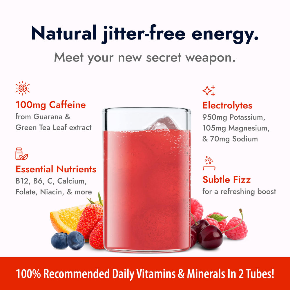Glass of water with Zipfizz Fruit Punch dissolving for steady energy.