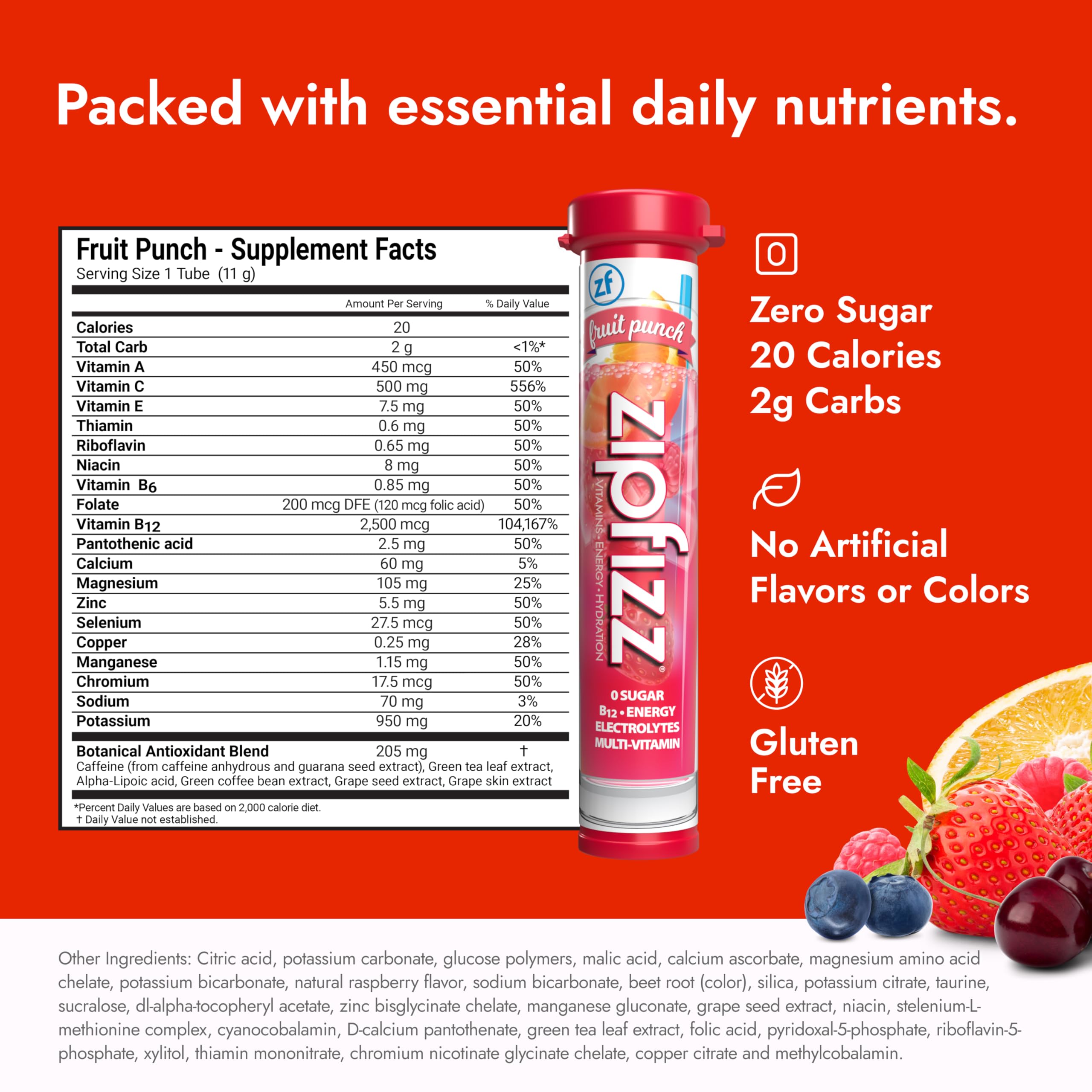 Nutrition label on Zipfizz Fruit Punch highlights vitamins and electrolytes.