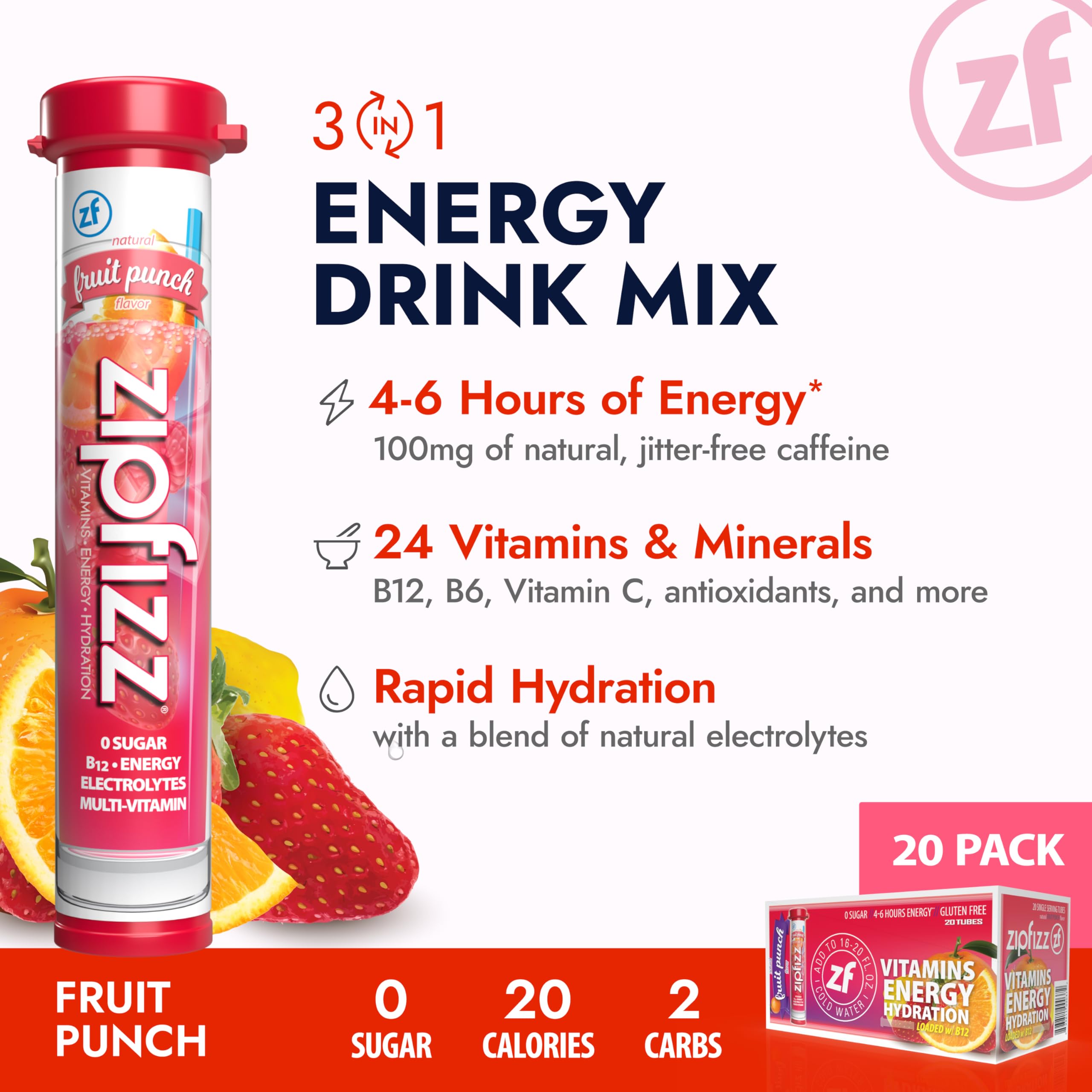 Opened Zipfizz Fruit Punch tube beside a glass of water ready to mix.