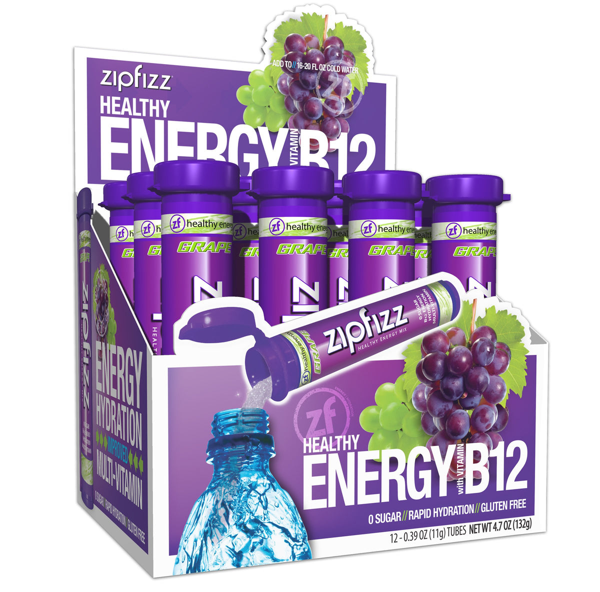 Zipfizz grape flavor packaging showcases a sugar-free energy option.
