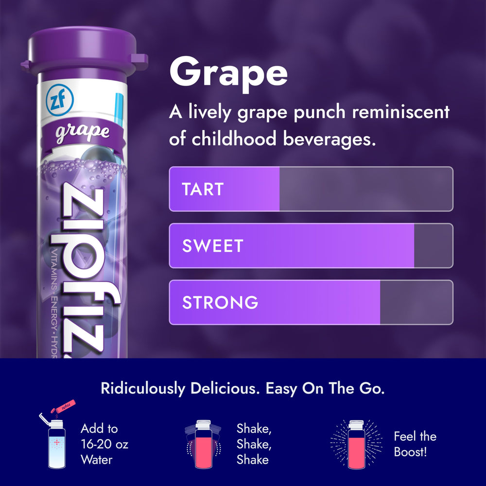 Zipfizz grape single-serve sachet designed for on-the-go energy.
