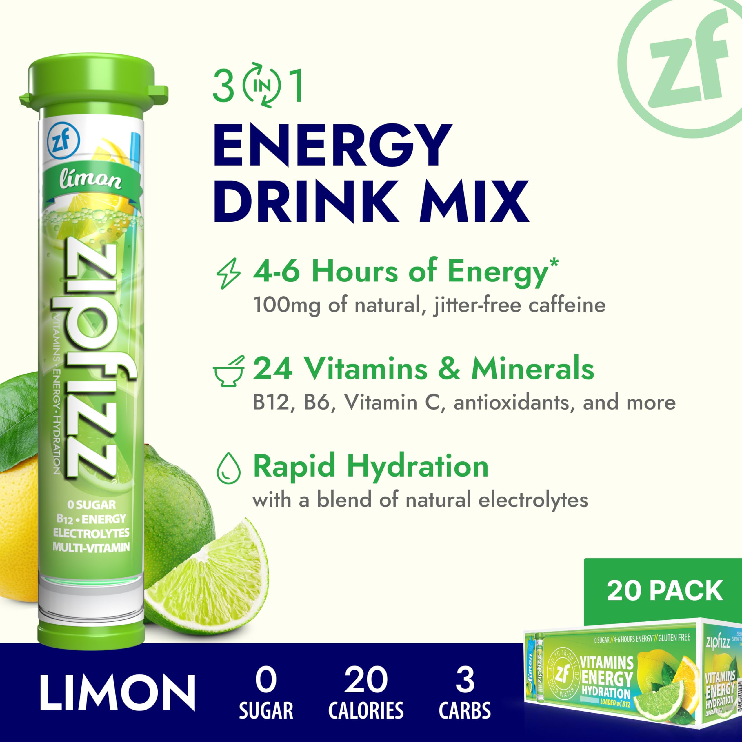 Zipfizz ingredients label highlights vitamins and electrolytes for daily energy