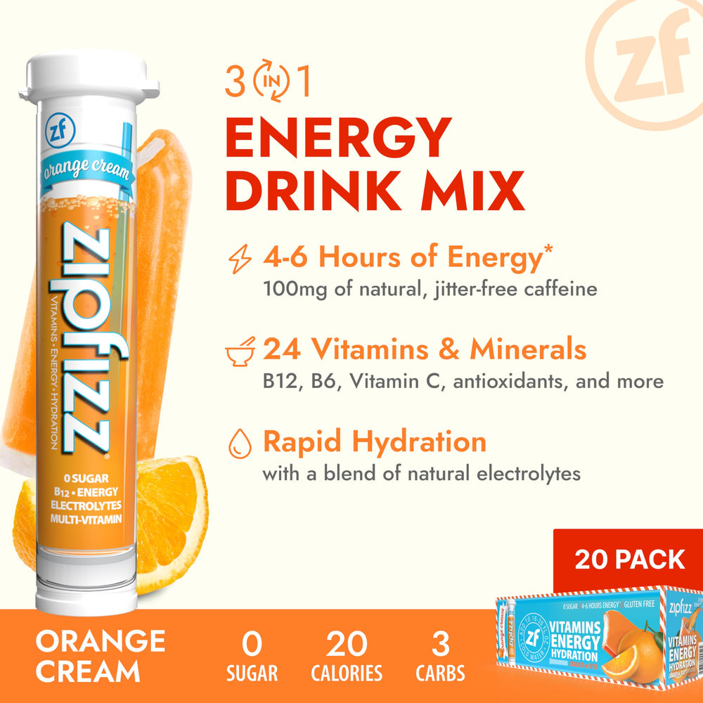 Zipfizz Orange Cream powder dissolving in water for a sugar-free energy boost.