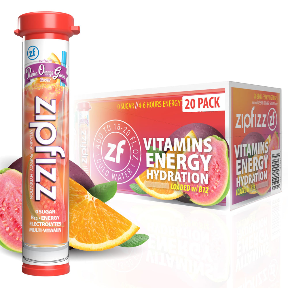Zipfizz Passion Orange Guava packet ready-to-mix for a sugar-free energy boost.