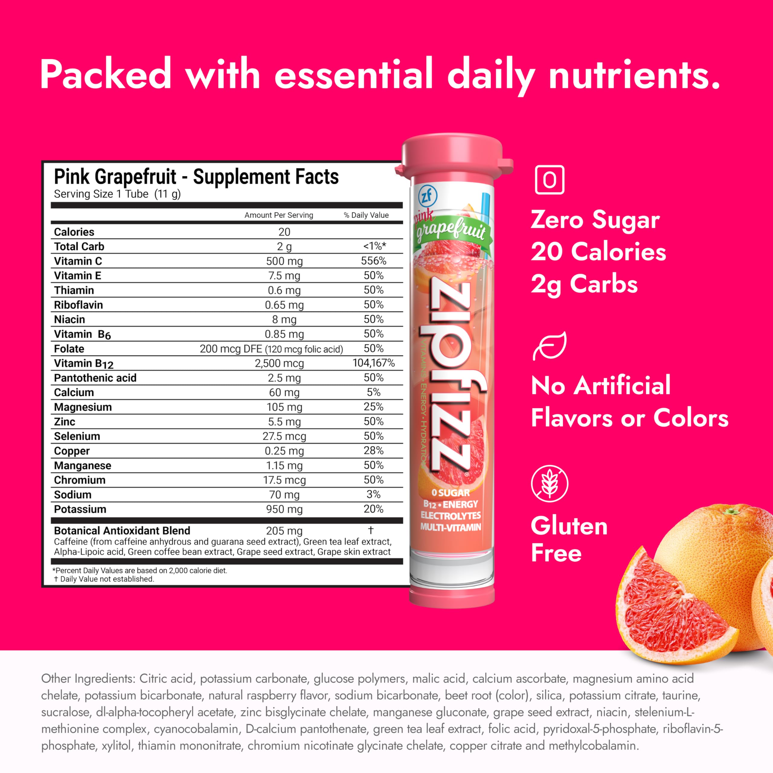 Zipfizz pink grapefruit glass with prepared drink boosts hydration on the go.