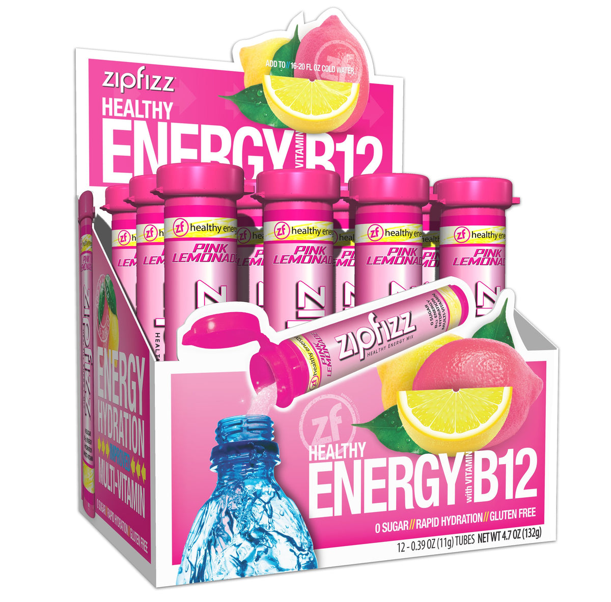 Zipfizz Pink Lemonade packet closeup for a sugar-free energy boost.