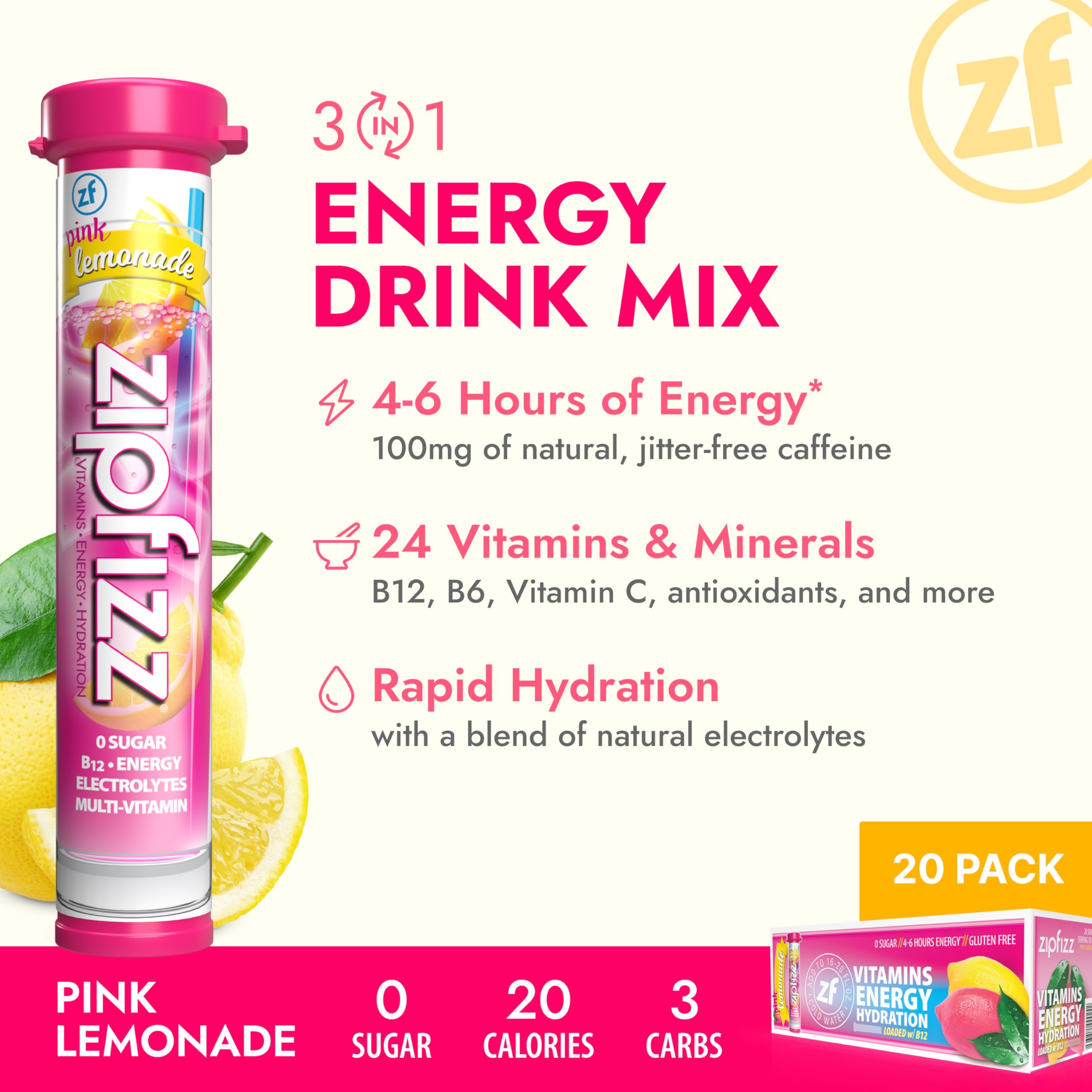 Zipfizz pink lemonade powder tube shown as portable nutrition on the move.