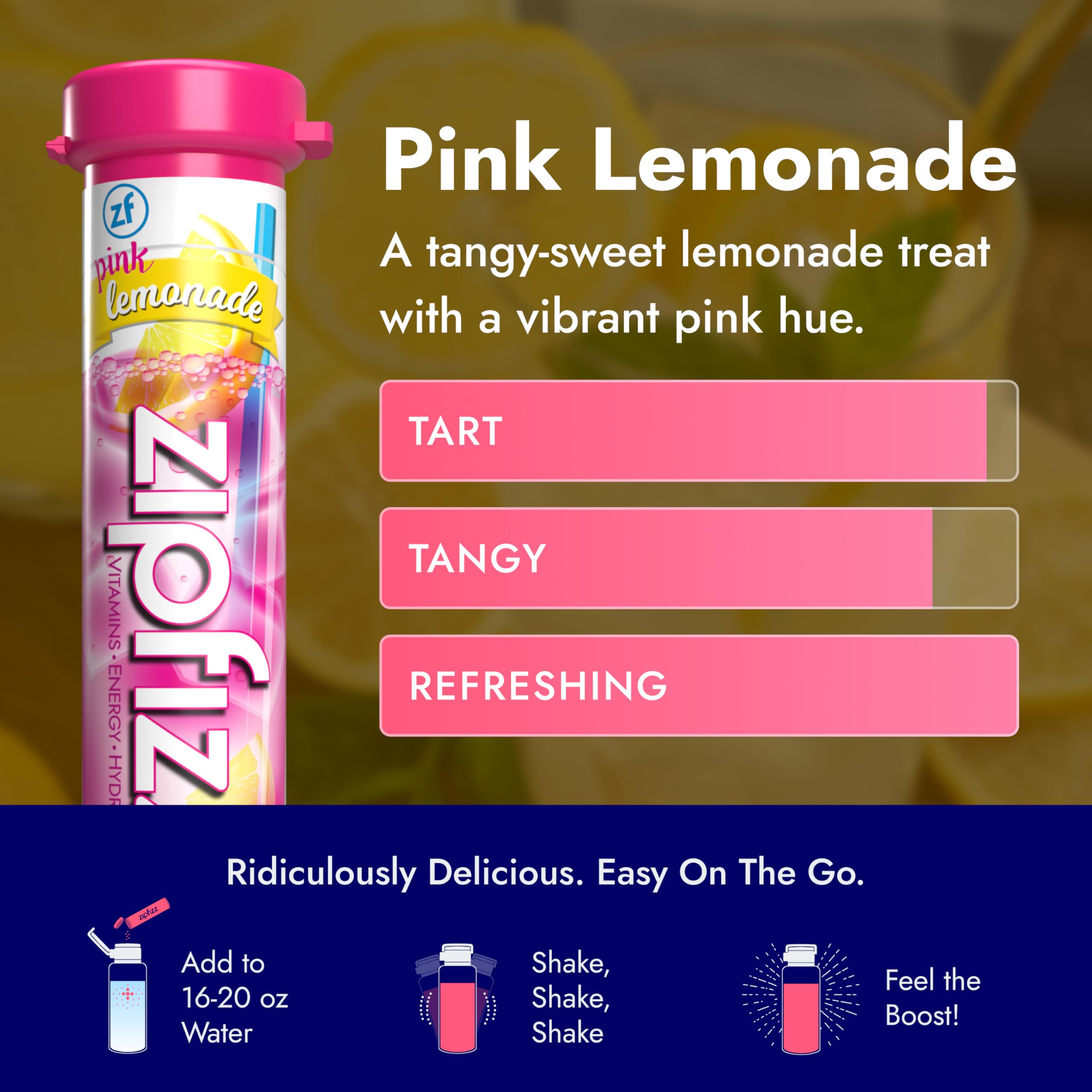 Zipfizz powder being poured into water demonstrates quick mixing.