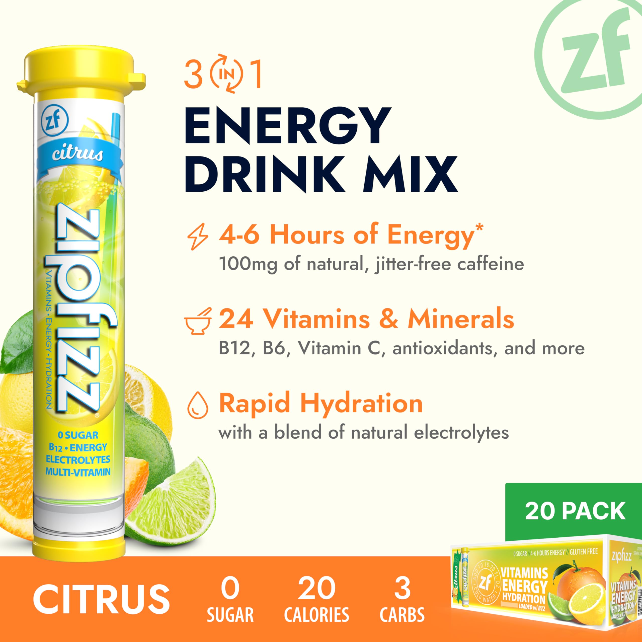 Zipfizz tube close-up highlighting vitamins and electrolytes