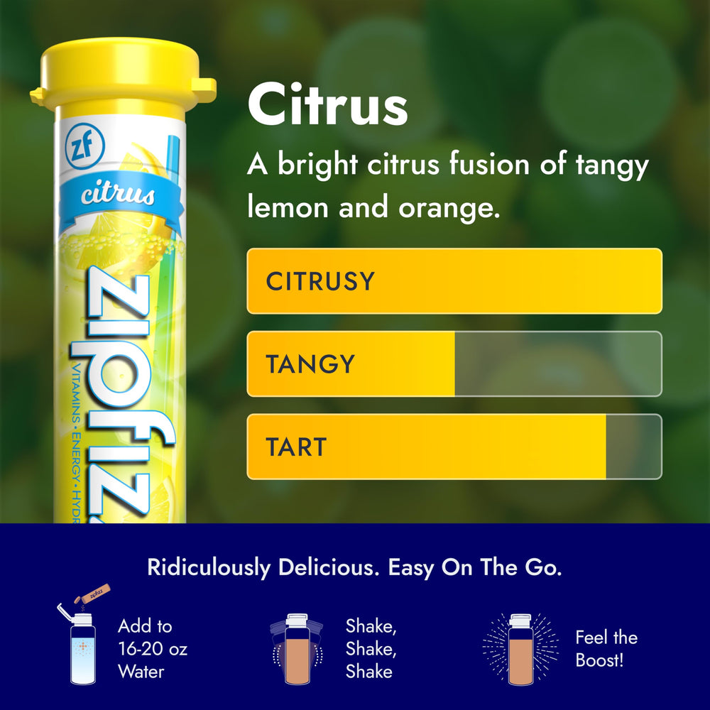 Zipfizz citrus drink poured into a glass for hydration