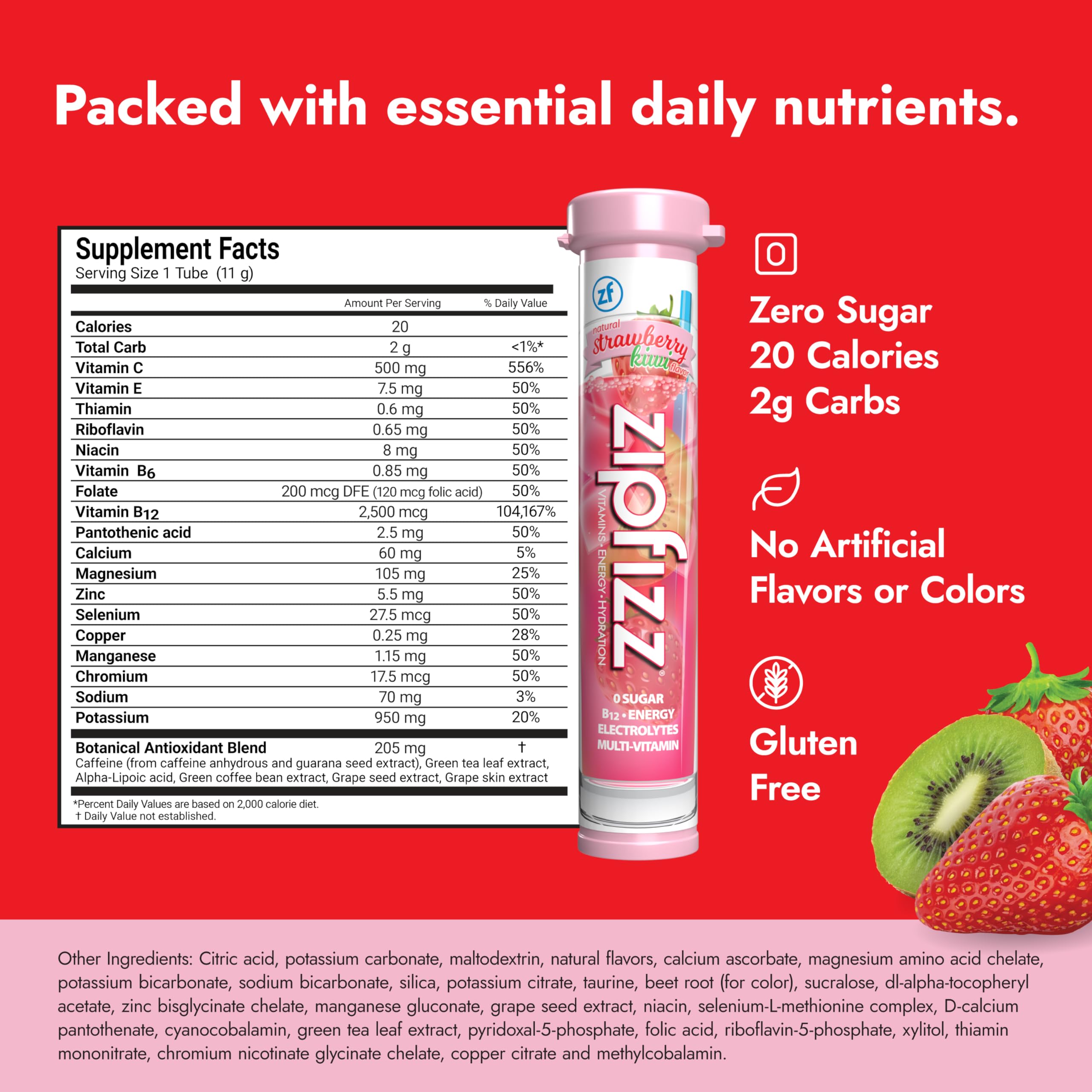 Zipfizz strawberry-kiwi flavor powder stick ready to mix with water for quick energy.