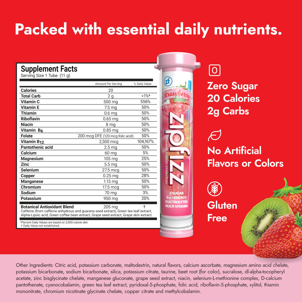 Zipfizz strawberry-kiwi flavor powder stick ready to mix with water for quick energy.