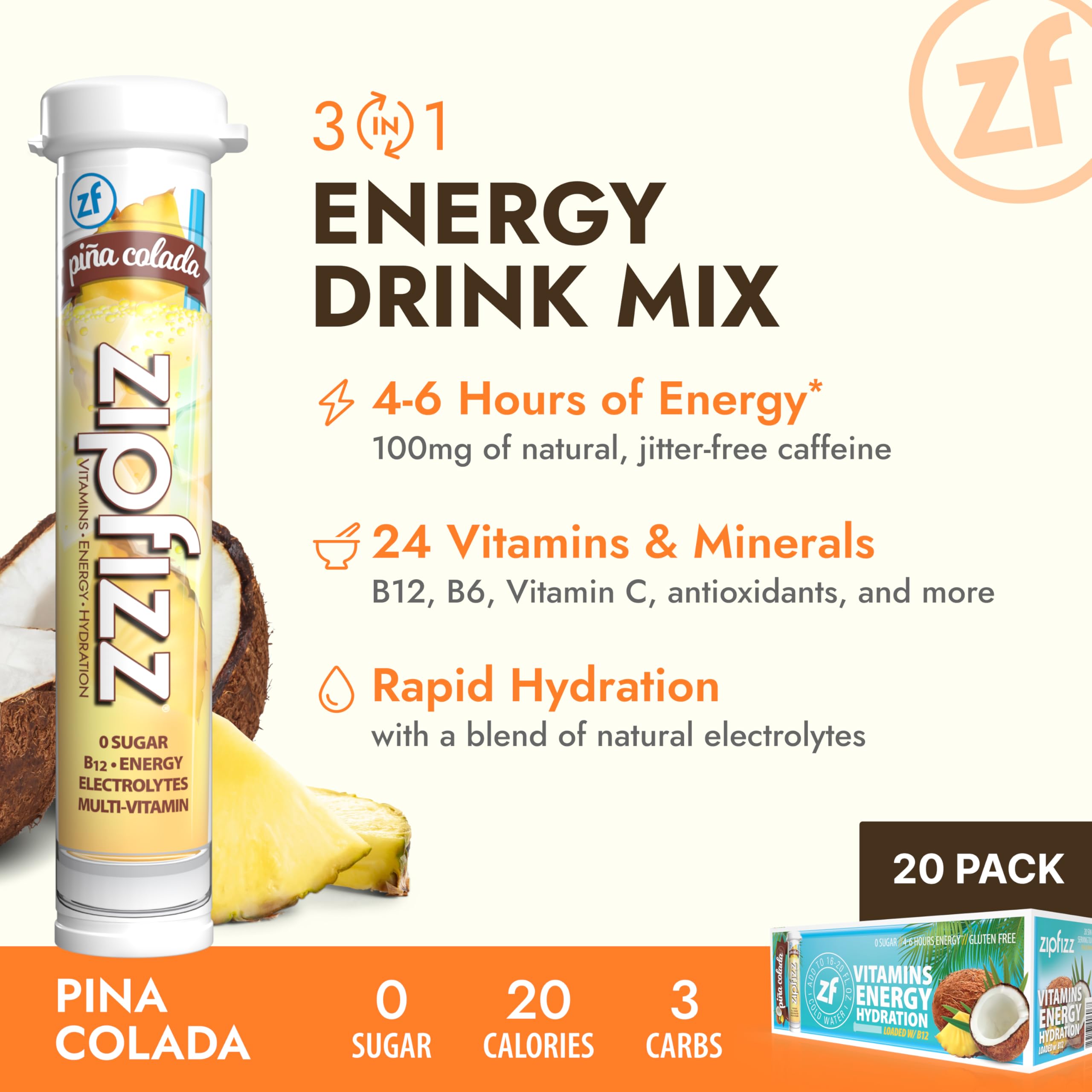 Zipfizz tropical flavor close-up highlighting pina colada profile.