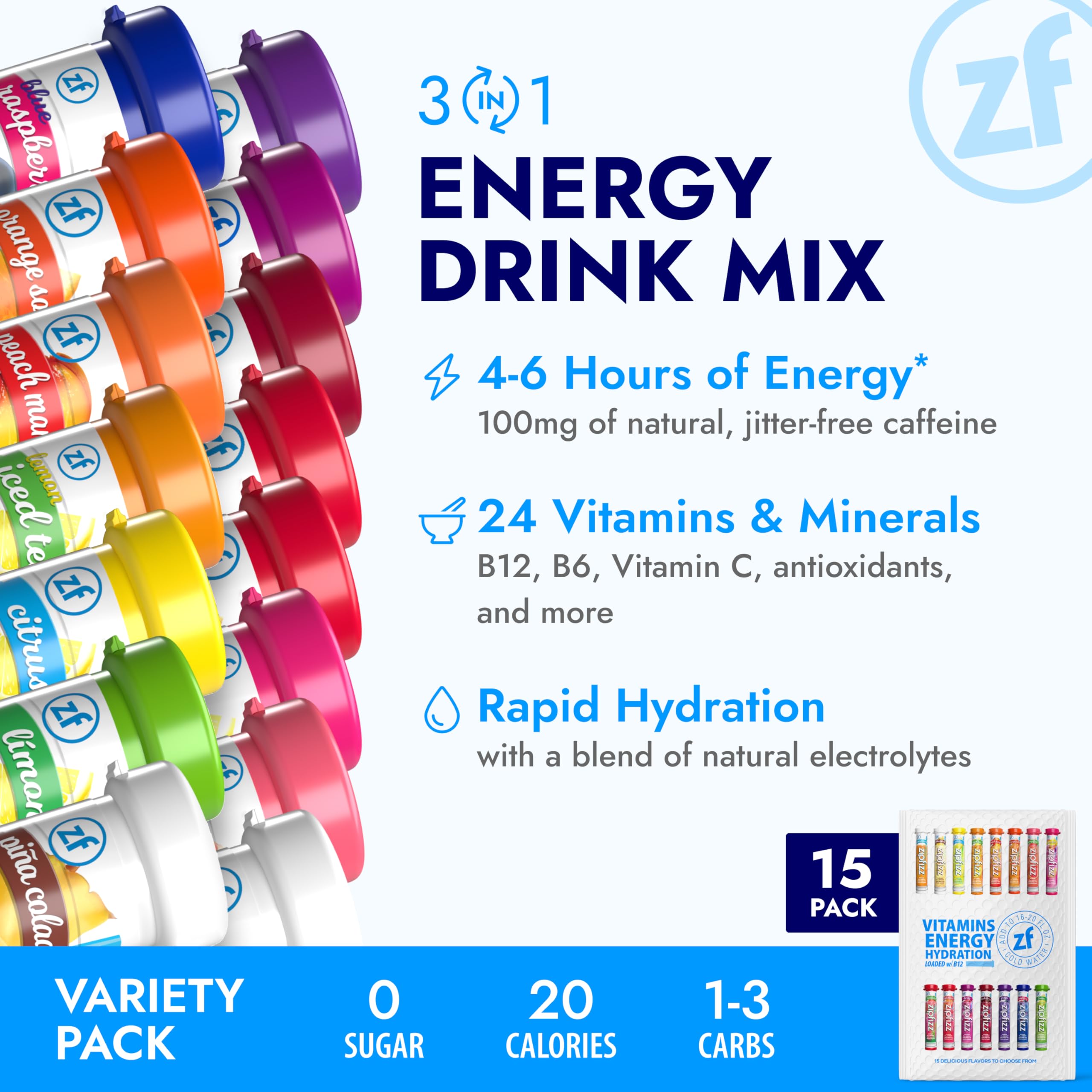Zipfizz variety pack showing multiple flavors for daily variety.