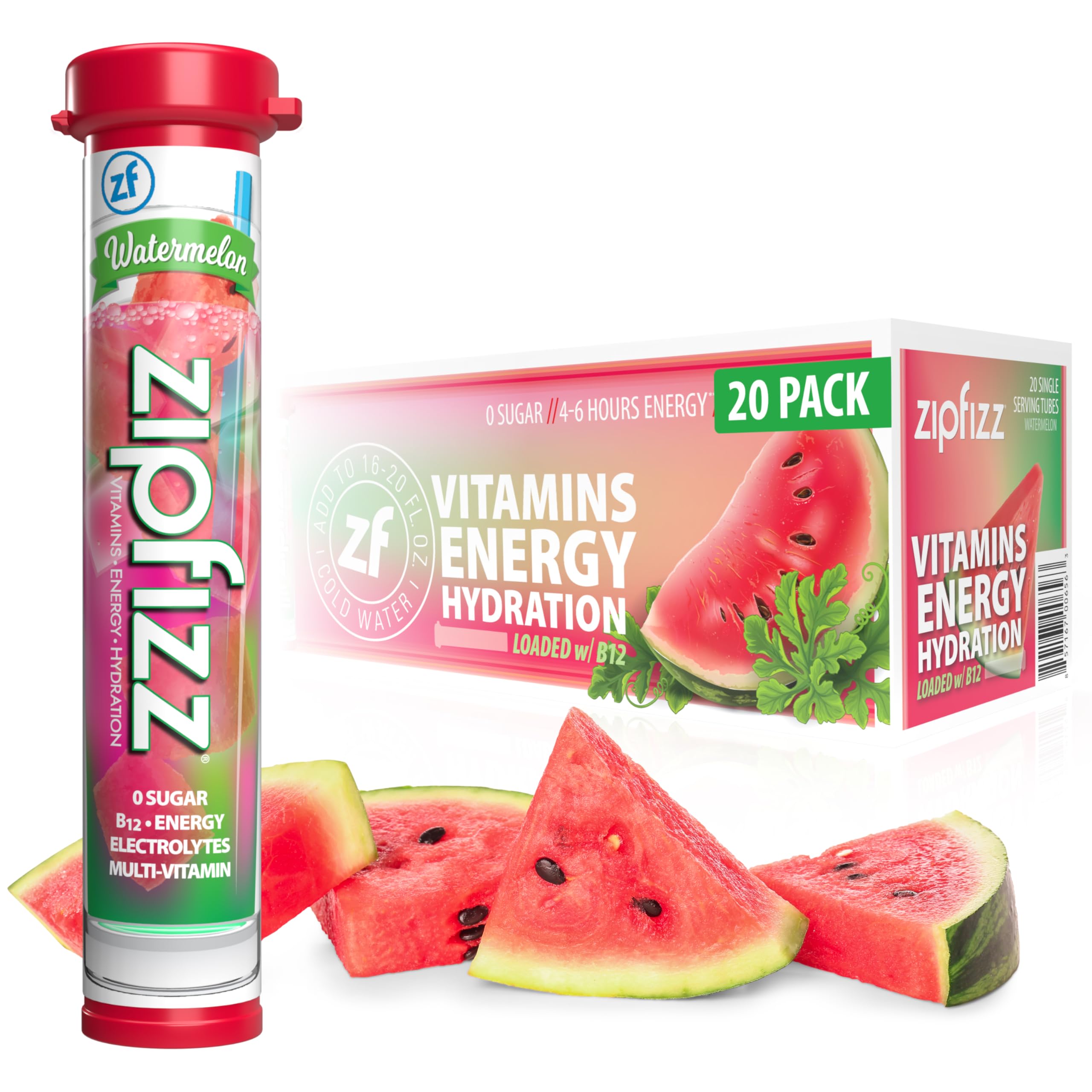 Zipfizz Watermelon powder being dispensed into a glass for refreshing hydration and sustained energy.