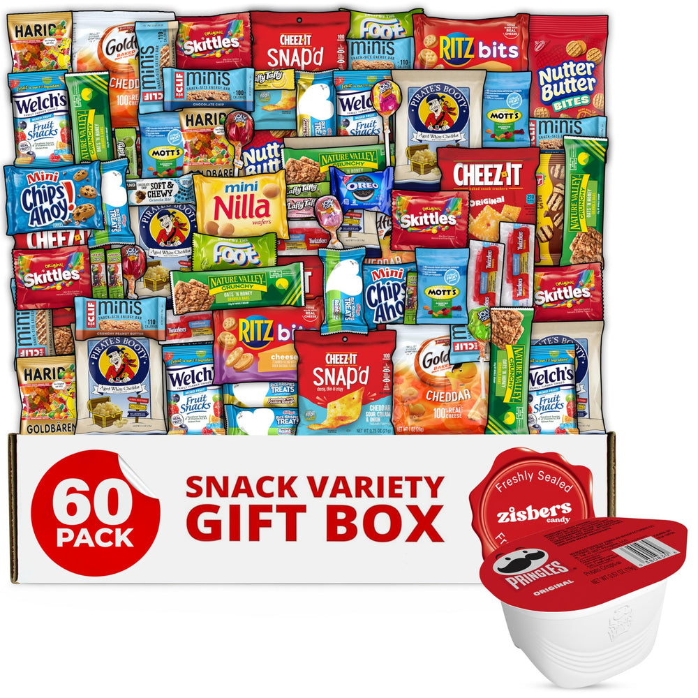 Zisbers Snack Box Care Package—60 snacks for college, work, or home.