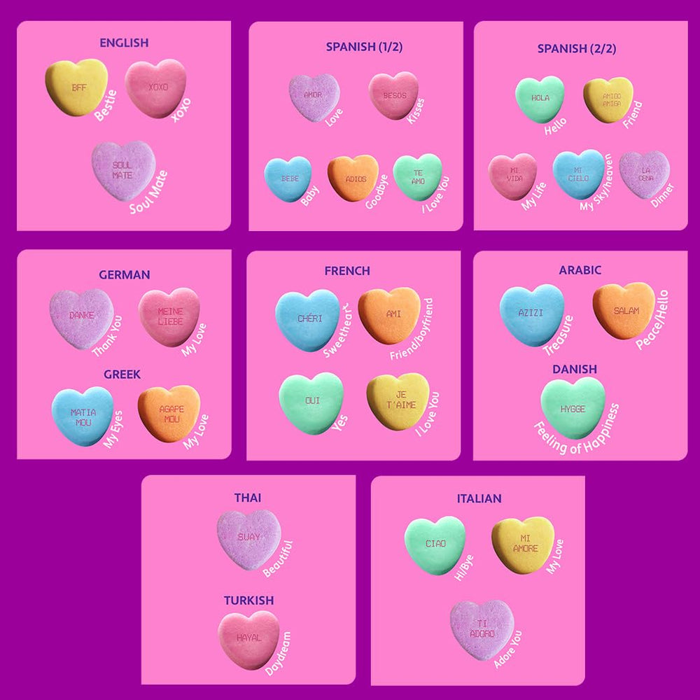 Zisbers tiny conversation hearts pastel table decor with multilingual messages