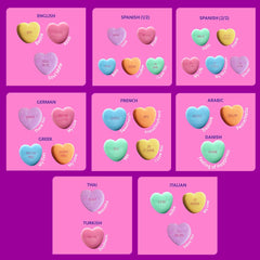 Zisbers tiny conversation hearts pastel table decor with multilingual messages