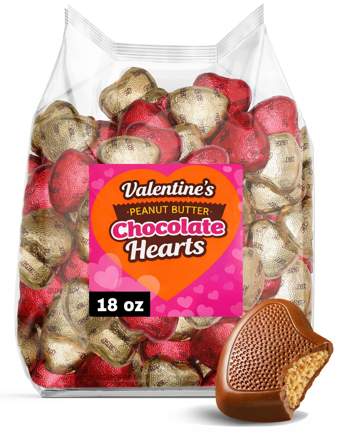 Zisbers Valentines milk chocolate peanut butter hearts in a bulk bag for party sharing
