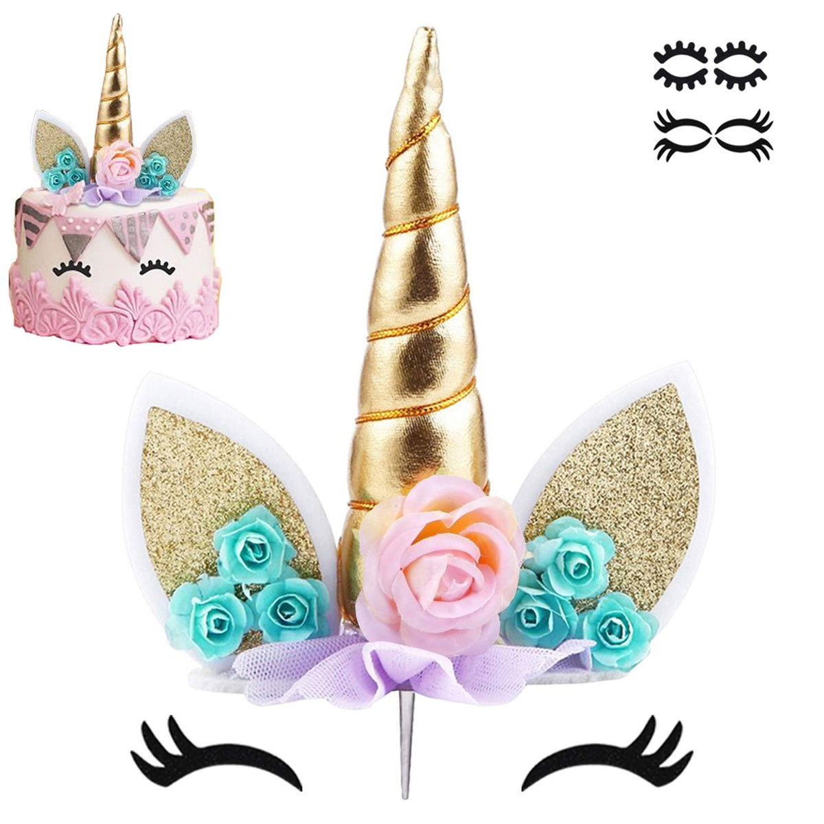 Zkptops Unicorn Cake Topper with gold horn on a cake for 12-inch desserts