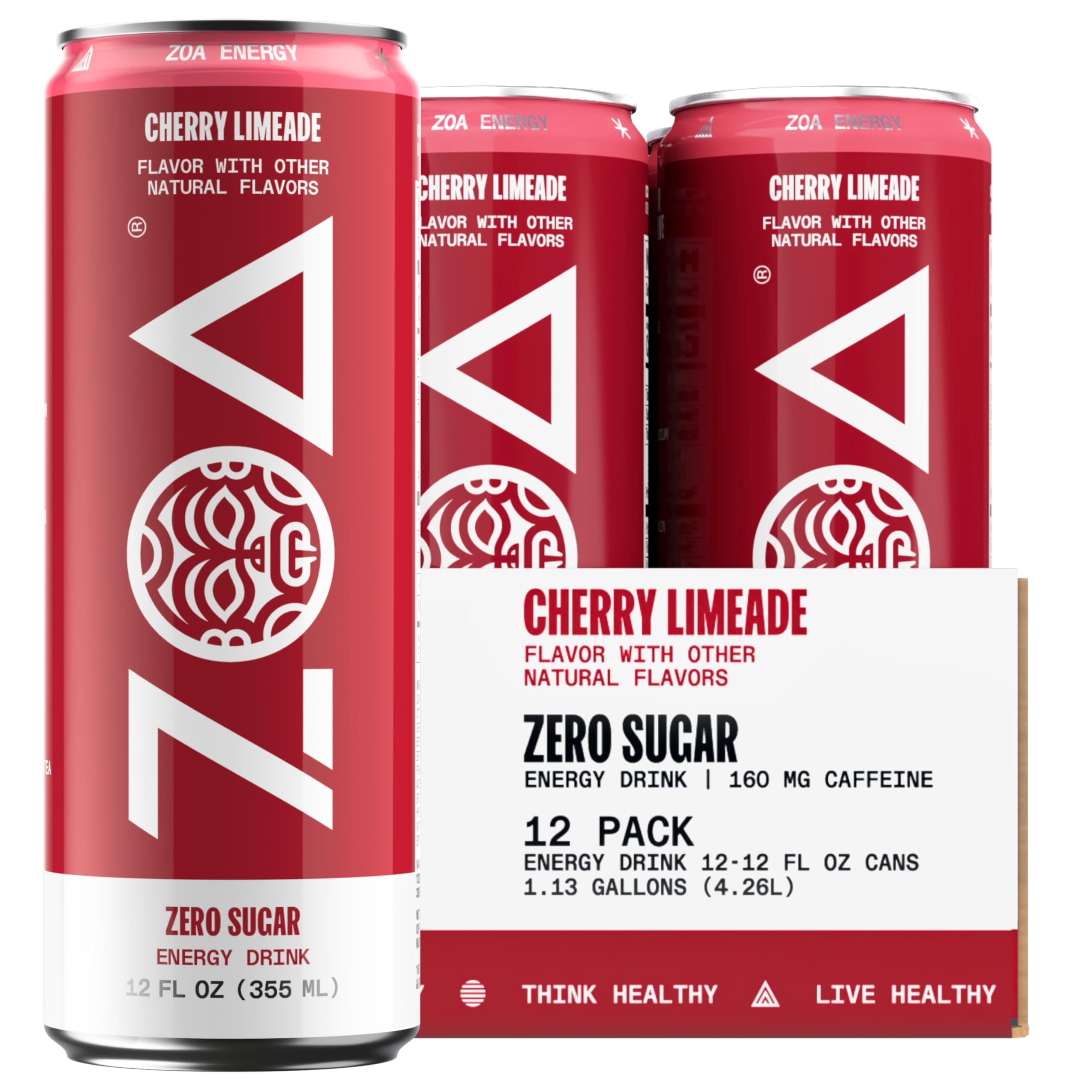 ZOA Cherry Limeade can front view highlighting sugar-free energy and electrolytes for active days.