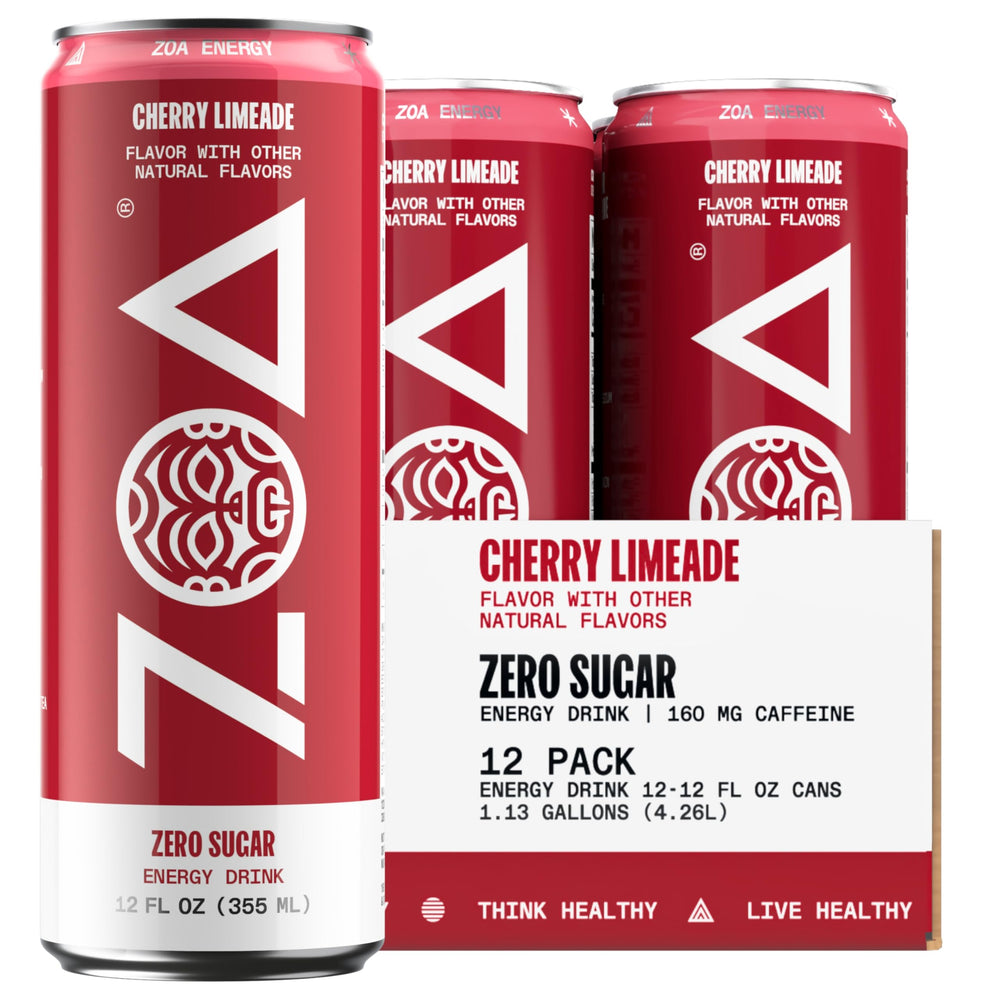 ZOA Cherry Limeade can front view highlighting sugar-free energy and electrolytes for active days.