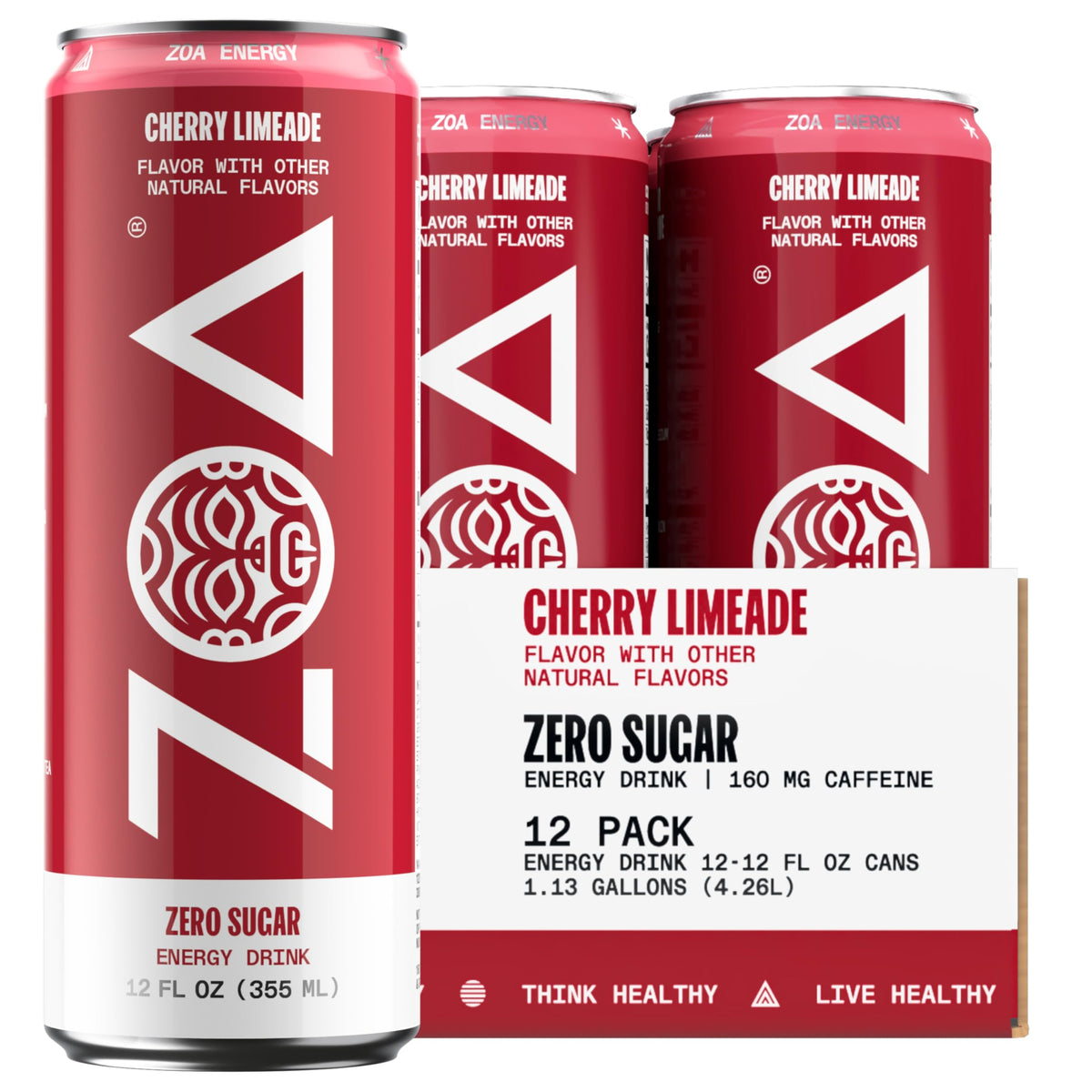 ZOA Cherry Limeade can front view highlighting sugar-free energy and electrolytes for active days.