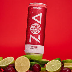 ZOA Cherry Limeade ingredients label close-up features electrolytes and B-vitamins.