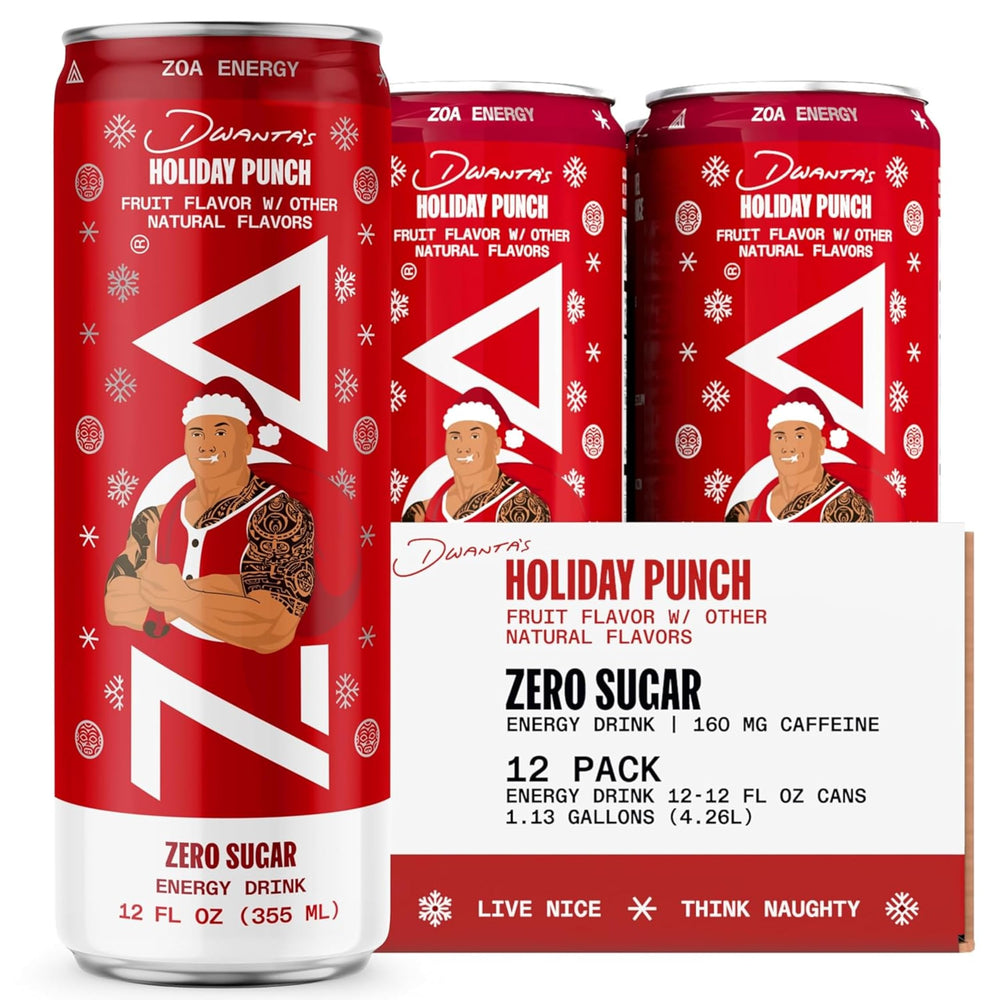 ZOA Dwanta's Holiday Punch 12-pack cans on display, festive zero-sugar energy.
