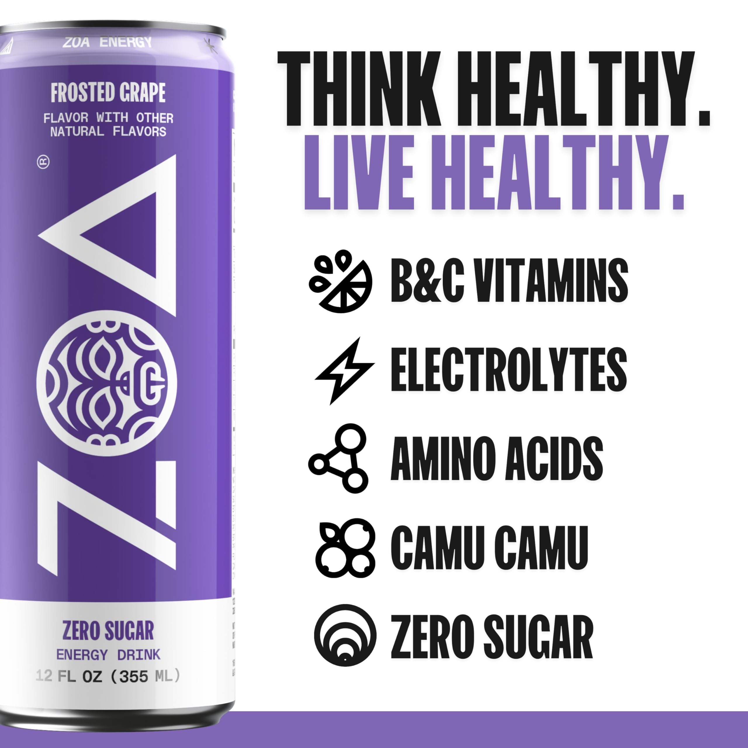 ZOA energy drink can close-up showing opening and hydration-ready design