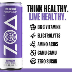 ZOA energy drink can close-up showing opening and hydration-ready design
