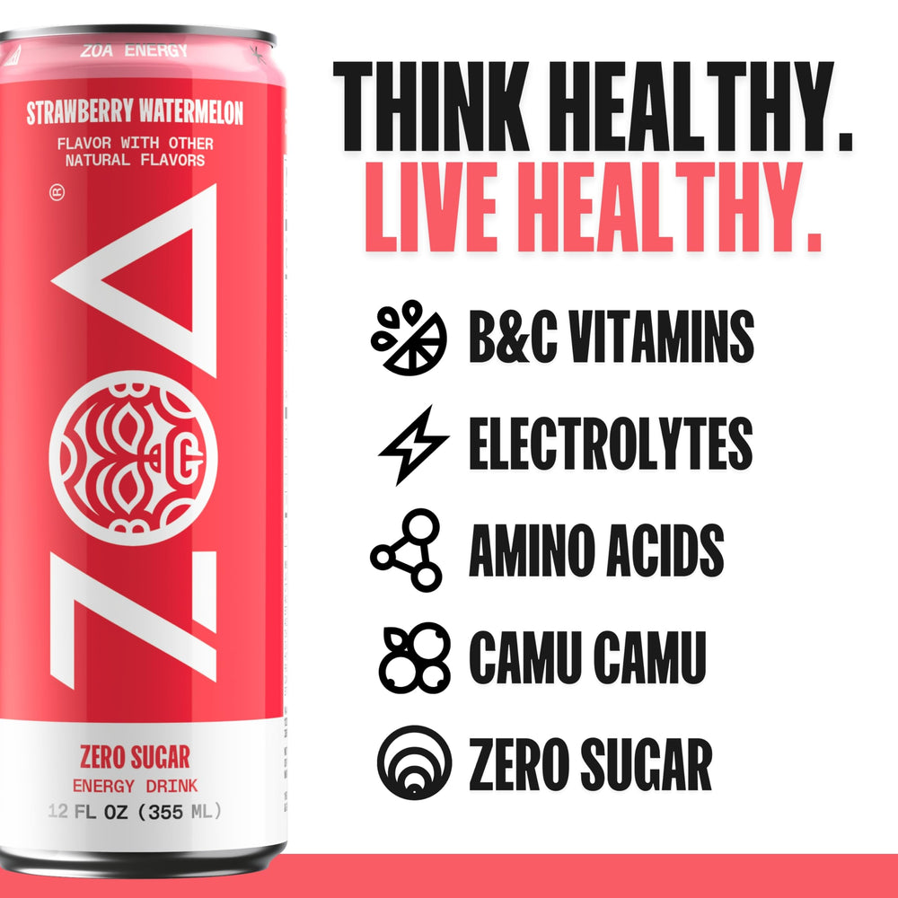 ZOA energy ingredients label highlights caffeine from green tea and essential vitamins.