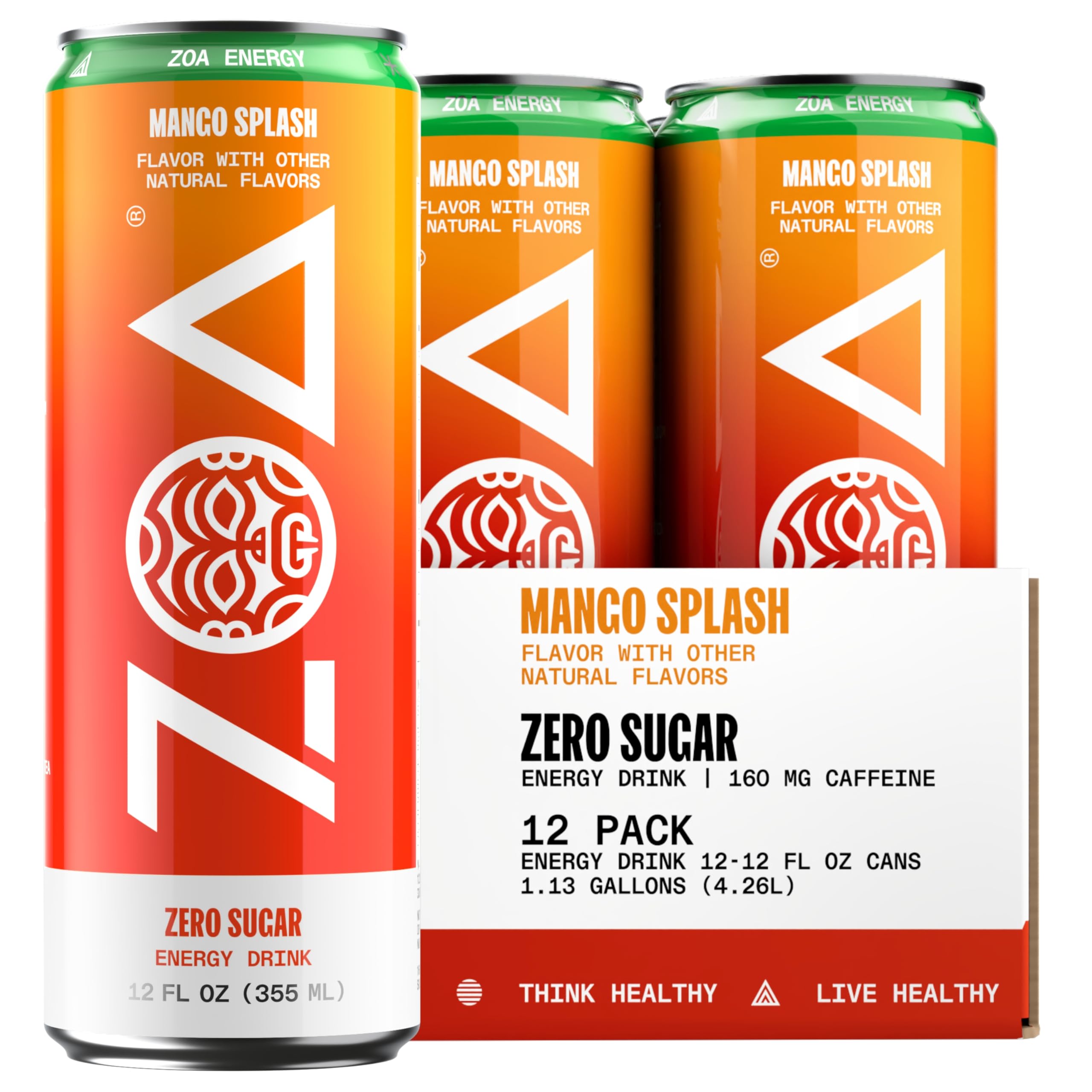 ZOA Mango Splash can front view highlighting zero sugar energy and electrolytes