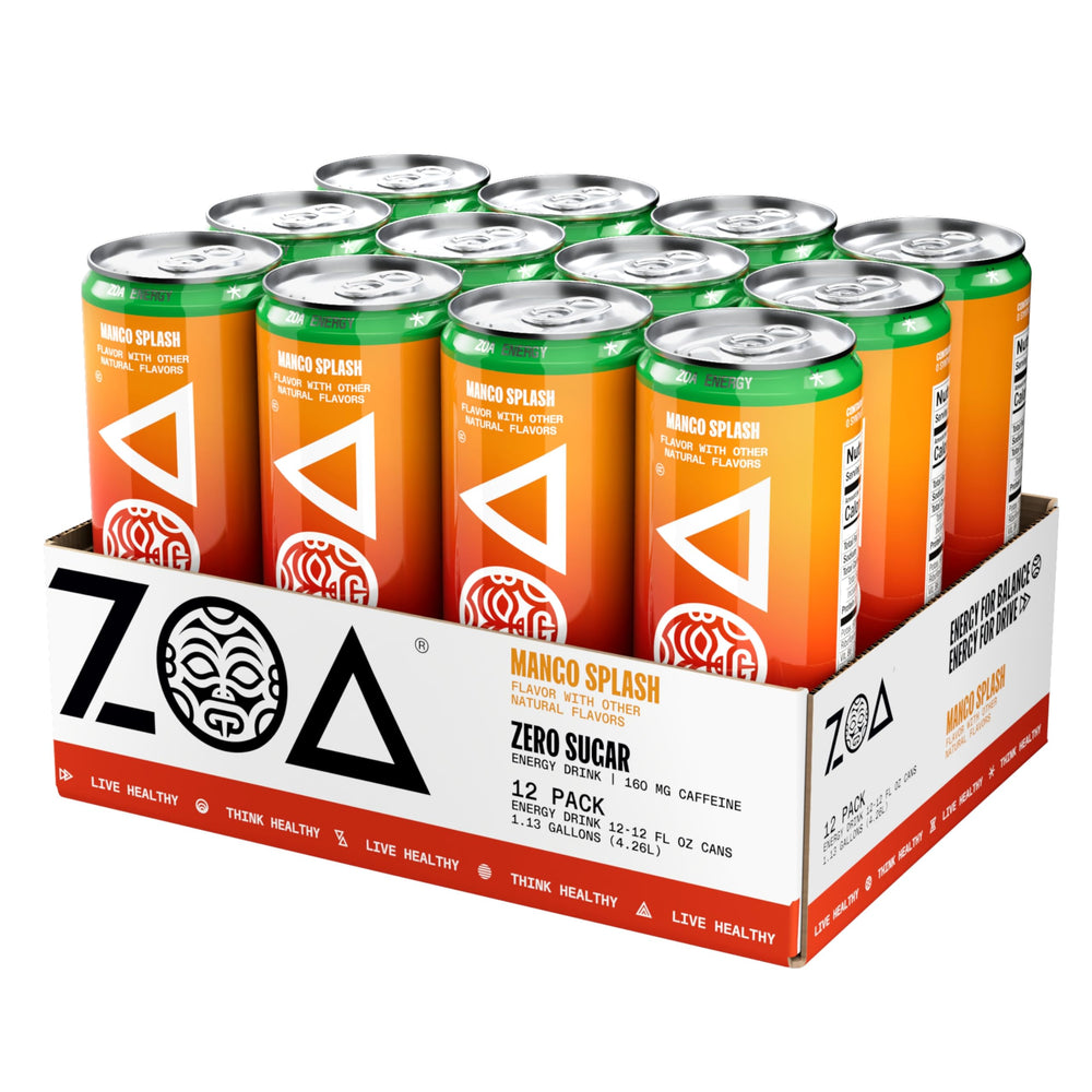 ZOA Mango Splash 12-pack packaging for convenient on-the-go refreshment