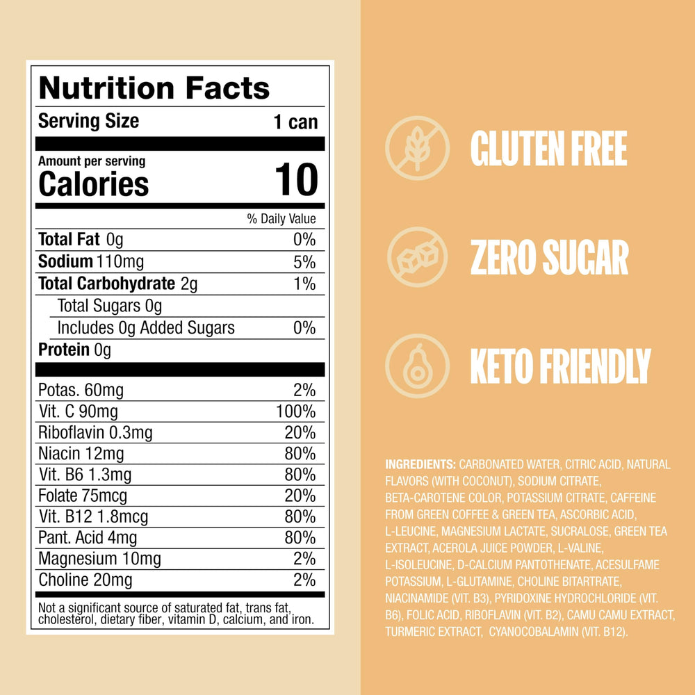 ZOA Pineapple Coconut can back label with sugar-free ingredients and electrolytes.