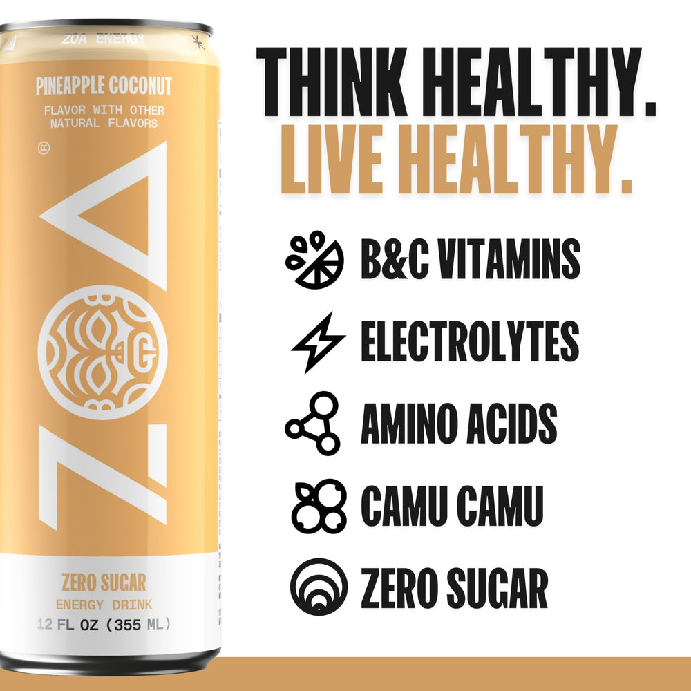 ZOA Pineapple Coconut label graphic emphasizes vitamin C and B vitamins.