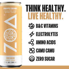 ZOA Pineapple Coconut label graphic emphasizes vitamin C and B vitamins.