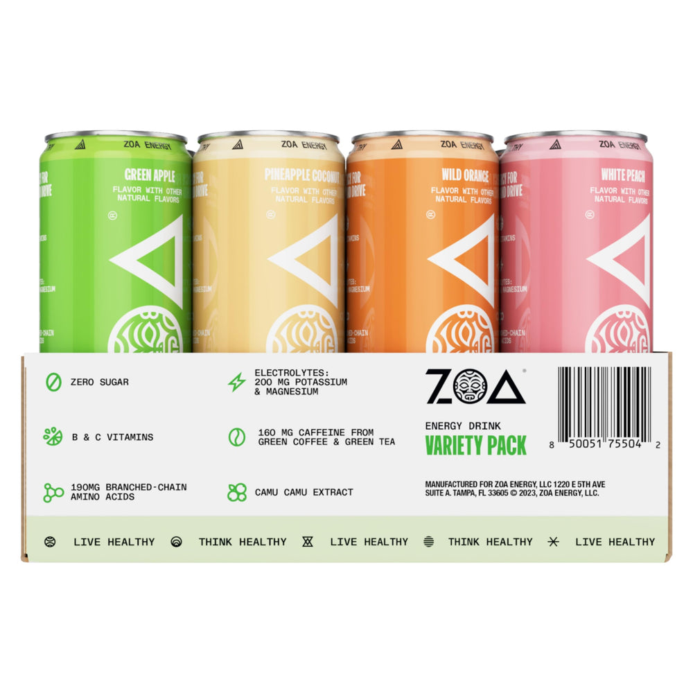ZOA Remix can label highlighting green tea caffeine and electrolytes for balanced energy