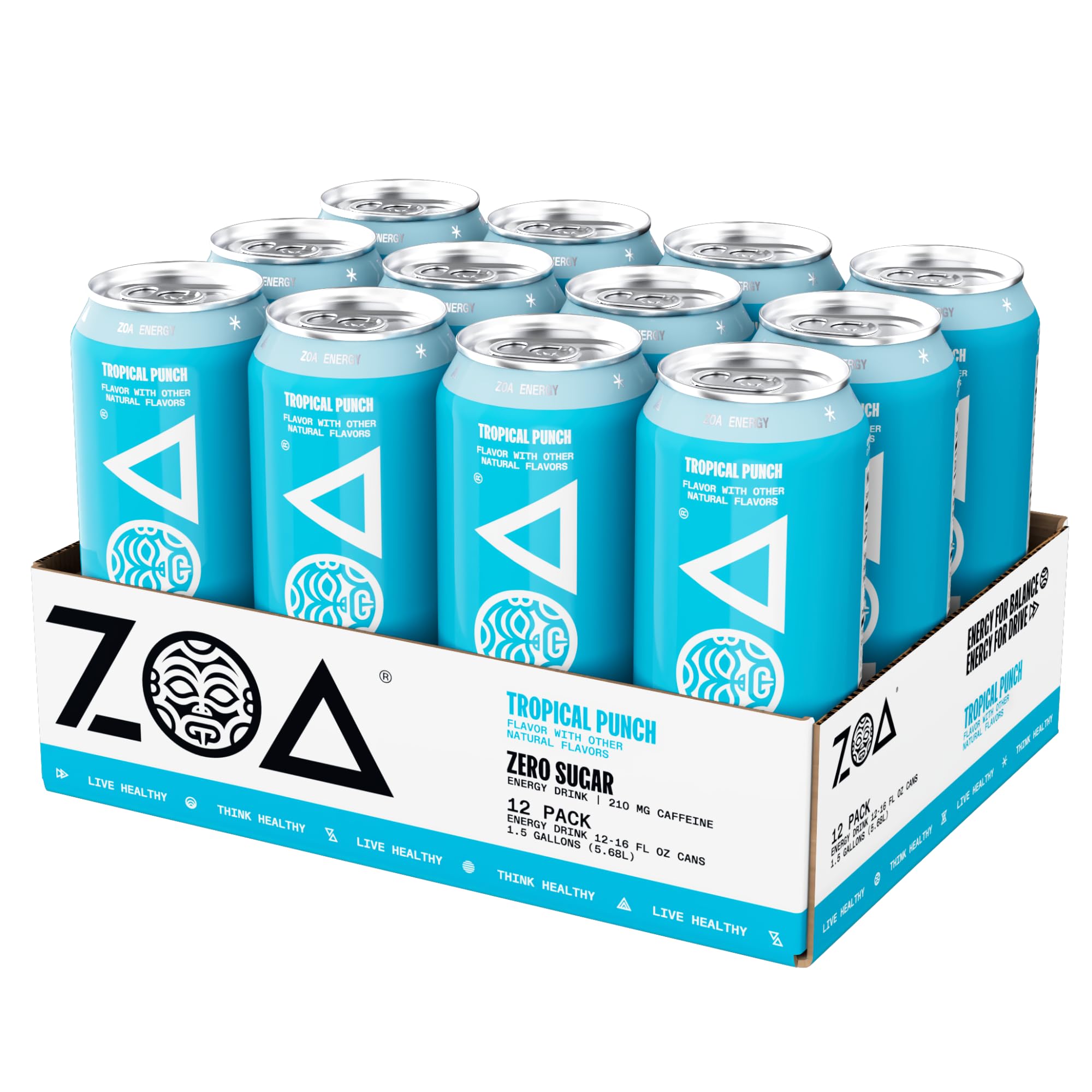 ZOA Tropical Punch angled can featuring the vibrant branding