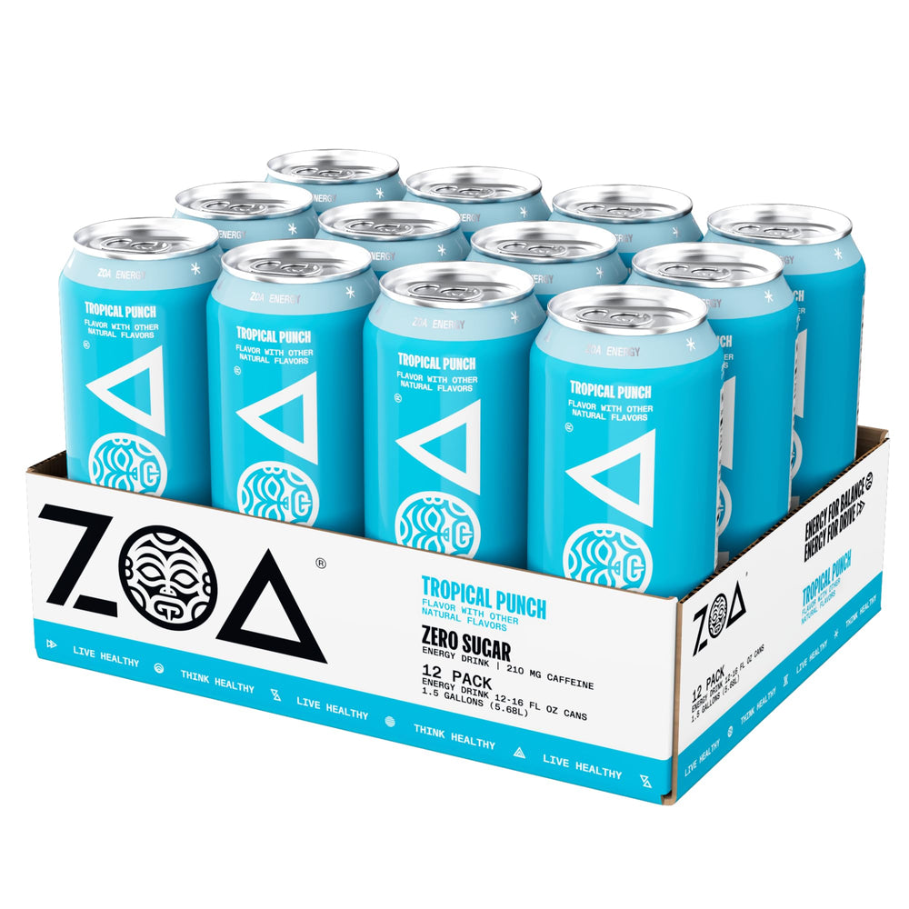 ZOA Tropical Punch angled can featuring the vibrant branding