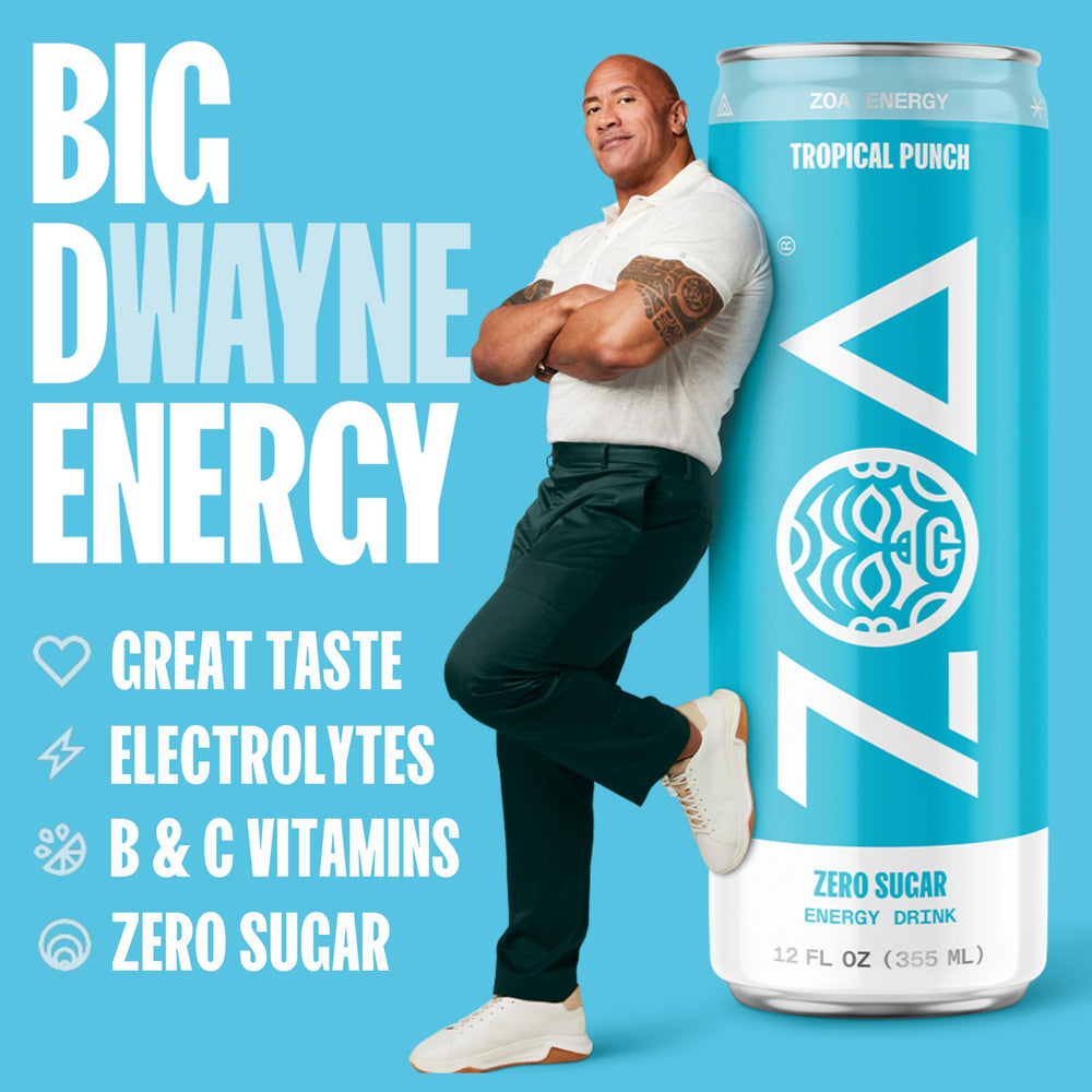 ZOA Tropical Punch can back shows nutrition facts and caffeine from green tea