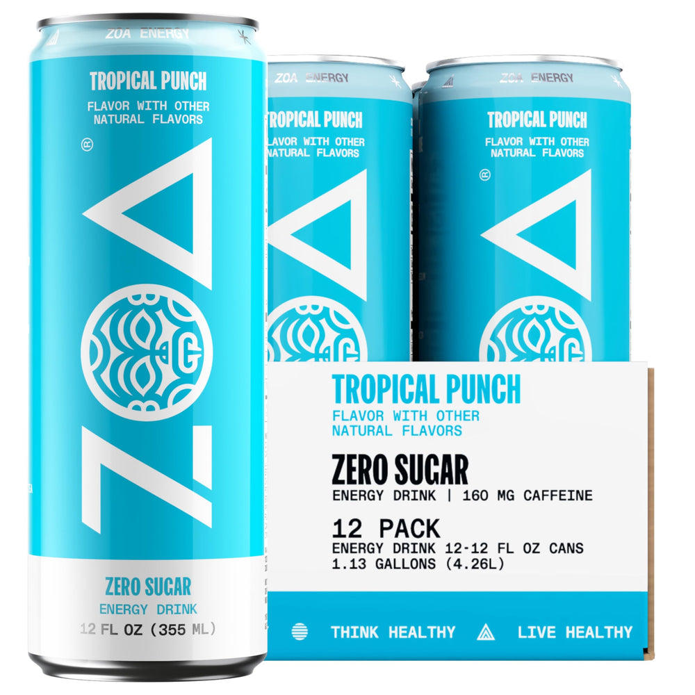 ZOA Tropical Punch sugar-free energy can front view for on-the-go energy