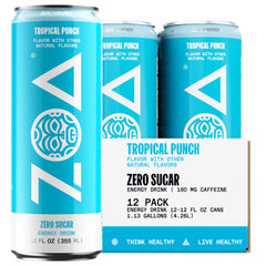 ZOA Tropical Punch sugar-free energy can front view for on-the-go energy