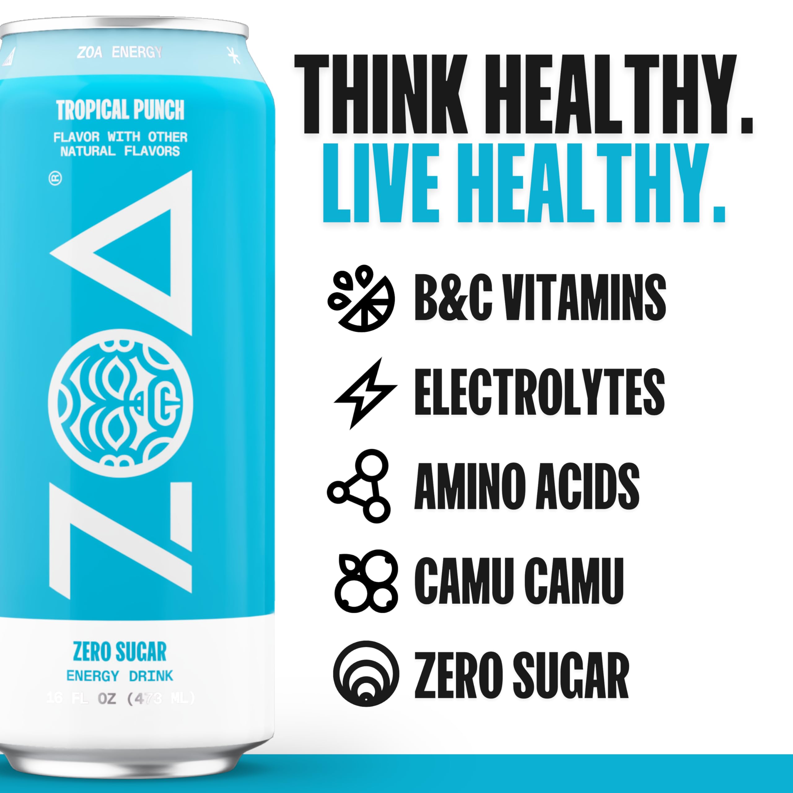 ZOA Tropical Punch glossy label close-up with bold flavor imagery